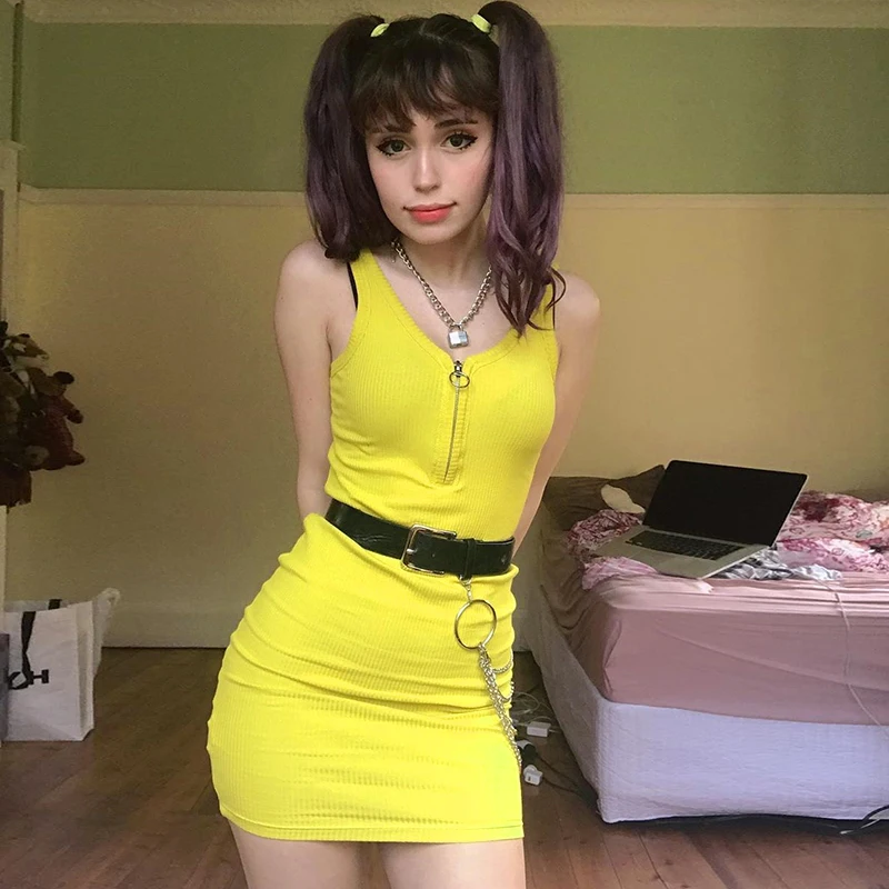 

Sexy Bodycon Women Dress Summer Sleeveless V Neck Zipper Casual Lady Tank Dress Yellow Mini Party Club Skinny Street Dresses