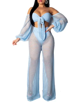 

Women Sexy Two Pieces Sets See Through Lace Up Crop Tops with High Waist Wide Leg Pants Off Shoulder Backless Mesh Hollow Out