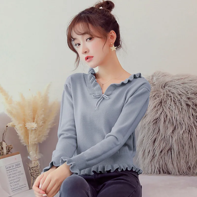 Japanese Style Cute Sweater Bow Tied Ruched V Neck Sweater Cropped Knitted Pullovers High Waisted Peplum Ladies Jumpers Japanese Style Cute Sweater Bow Tied Ruched V Neck Sweater Cropped Knitted Pullovers High Waisted Peplum Ladies Jumpers