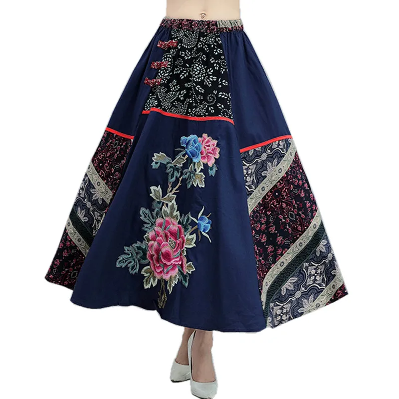 Chinese Style Vintage Skirts Womens Long Skirts Ladies High Waist A