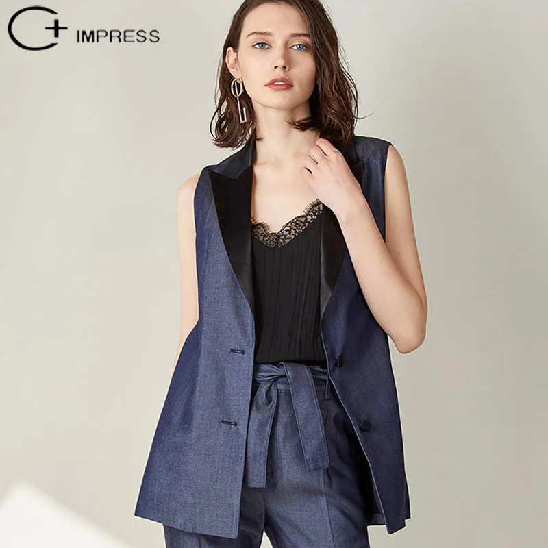 C+IMPRESS Women Vest long Pant Suits waistcoat Sleeveless Slim Casual