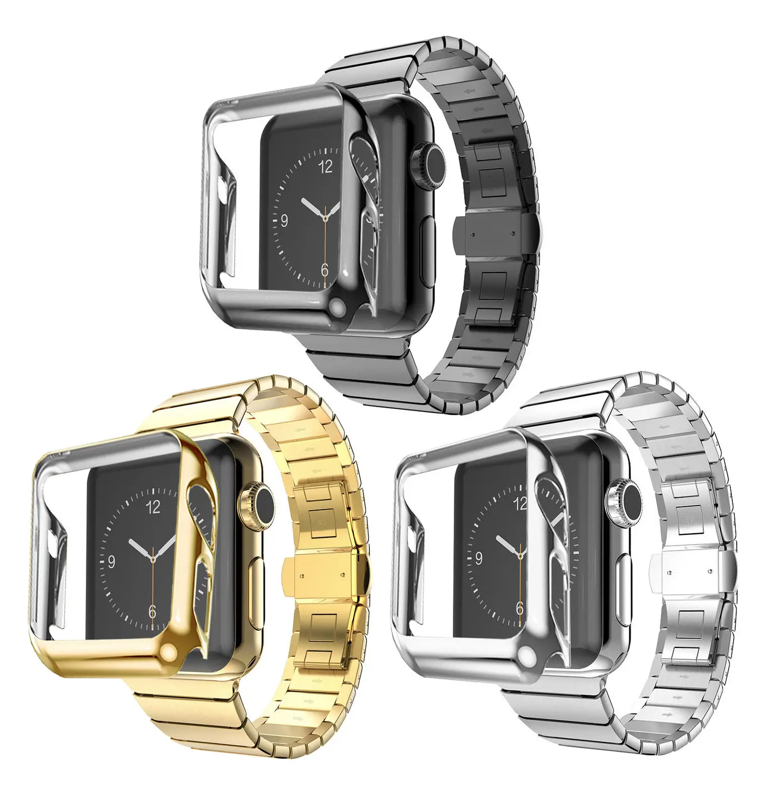 

Butterfly Buckle Stainless Steel Link Strap For Apple Watch Band Gold Plating Cover Case For Series 2 iWatch 1st 2nd Bracelet