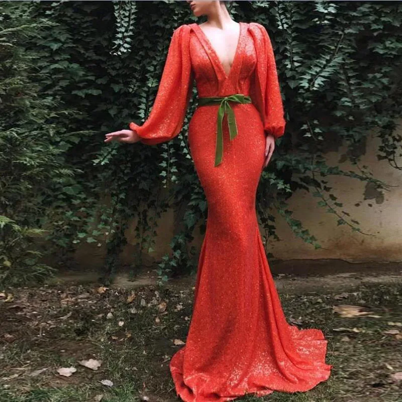 

Haute Couture Long Evening Formal Dresses 2019 Mermaid Long Sleeves Lace Prom Gown Sexy Deep V-neck Party Dresses Robe De Soiree