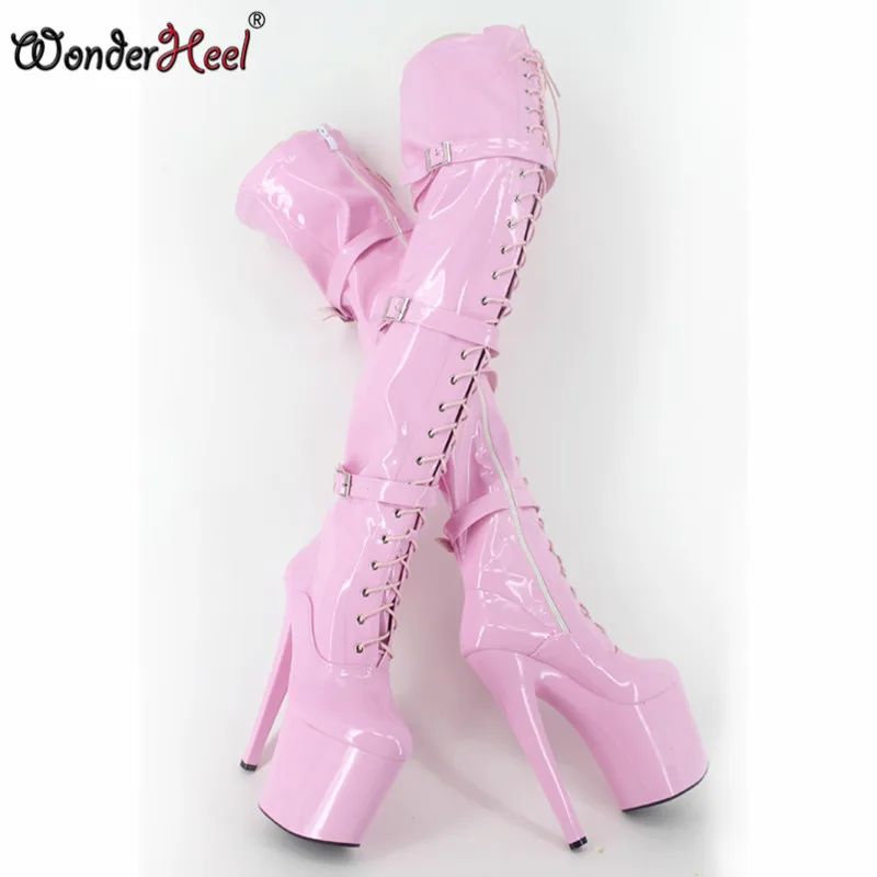 Wonderheel/пикантные ботфорты на очень высоком каблуке 20 см, на платформе, с розовыми лакированными пряжками, на шнуровке