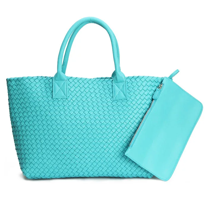 Модная Роскошная Высококачественная тканая сумка-тоут из искусственной кожи высокого качества, сумки ярких цветов, женские сумки на плечо, большая сумка-кошелек - Цвет: Небесно-голубой