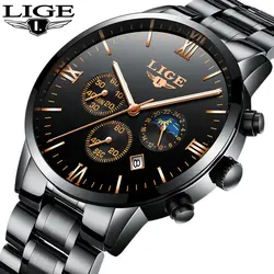 Для Мужчин's Элитный бренд LIGE хронограф Для мужчин спортивные черные часы Водонепроницаемый Сталь кварцевые Для мужчин часы