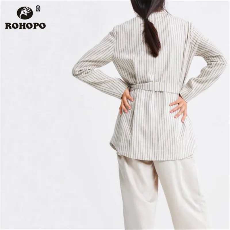 ROHOPO EU Size Women Double Buttons Blazer Vertical Thin Striped Top Pocket Belt White Blazers Ladies Chic Outwear #UZ1002