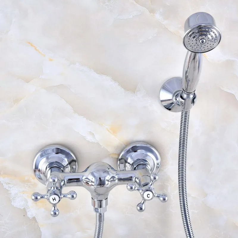 

Wall Mount Polished Chrome Brass Bathroom Two Cross Handles Hand Shower Faucet Mixer Tap Set Telephone Shape Hand Spray ana773