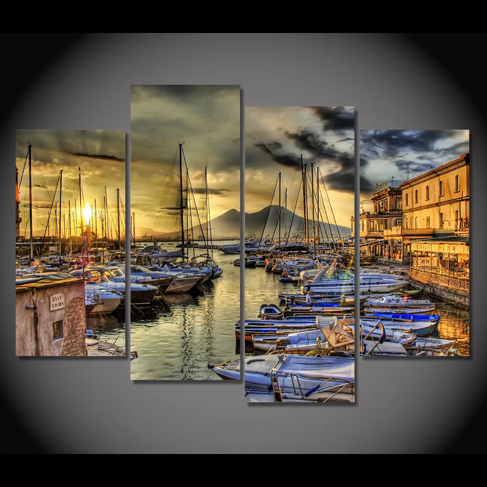 4 панели Холст Живопись Naples Италия Wharf лодки HD Картина домашний Декор печать