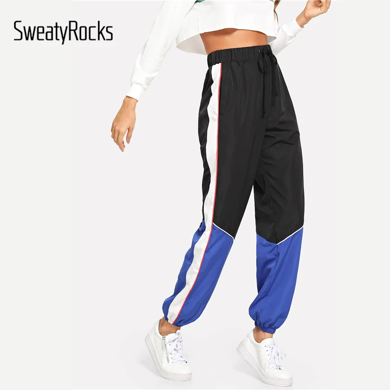 

SweatyRocks Drawstring Waist Colorblock Pants Active Wear Loose Tapered Sweatpants 2019 Spring Fashion Women Black Long Pants