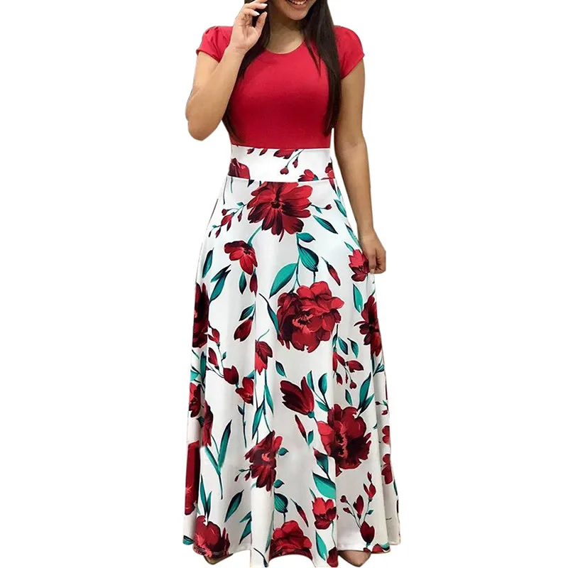 Мода, летнее платье макси в стиле бохо, женское длинное платье с коротким рукавом и принтом, женское летнее элегантное пляжное платье с цветочным рисунком, Vestidos - Цвет: Red