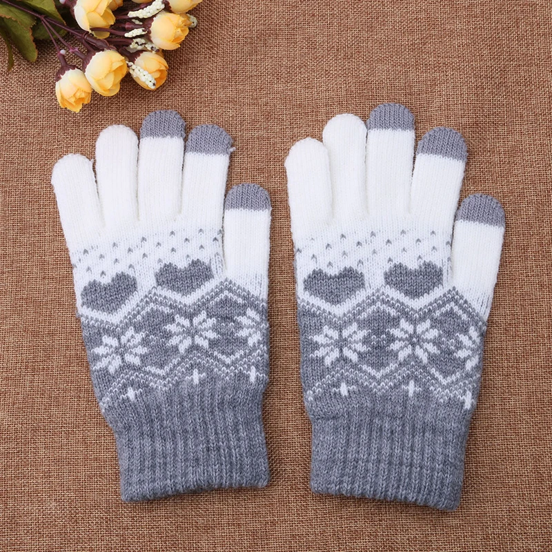Женские зимние теплые перчатки с сенсорным экраном, шерстяные эластичные варежки со снежинками