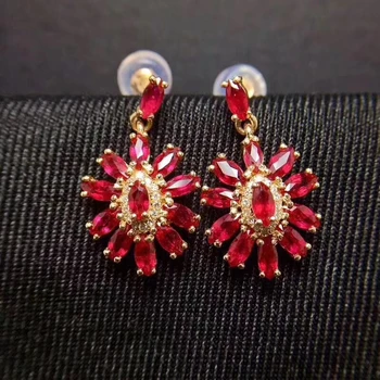 

Fashion natural red ruby Elegant Flower drop earrings Natural gem stone earrings 925 silver girl women wedding earrings jewelry
