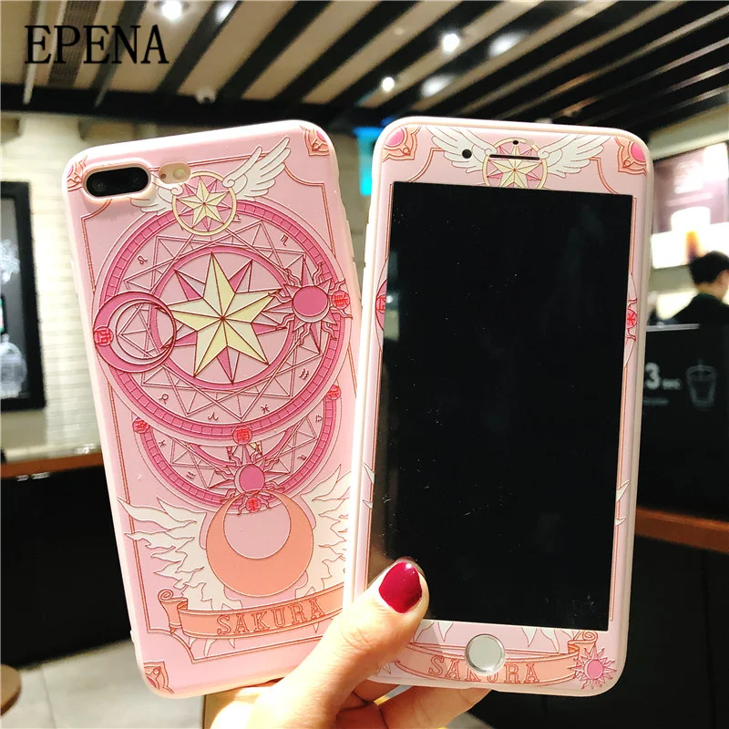 Case For iphone 11 pro 7 8 6 6s Plus Cute Cartoon Sakura phone Cover+Tempered Glass Screen Protector for iPhone X XR XS Max |