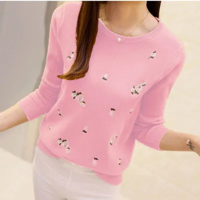 S-3XL молодежный женский свитер осень зима модный элегантный персиковый с вышивкой тонкий женский трикотажные пуловеры - Цвет: Pink