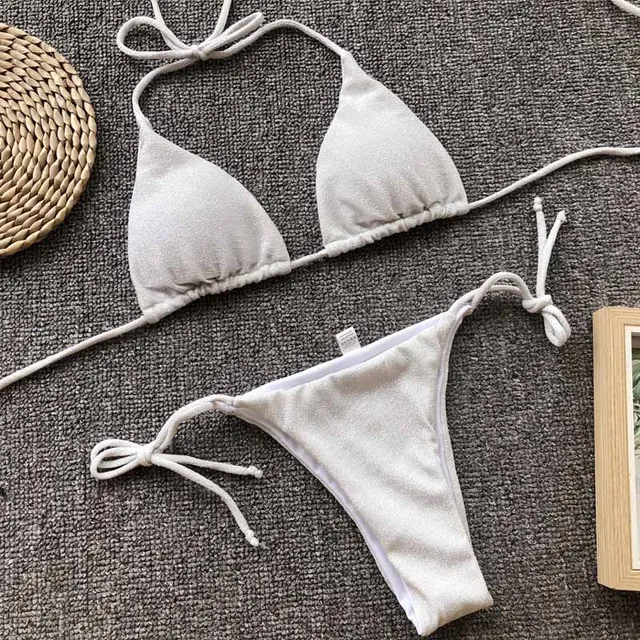 2019 New Shiny Glitter Sparkling Bikini Female Swimsuit Solid Push Up