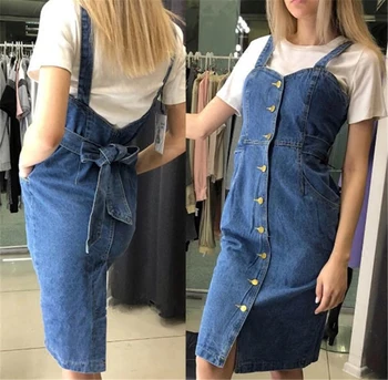 

Vadim Direct Selling Cotton Straight Solid Plus Size Dress Women Dress 2018 Summer New Cowboy Single-breasted Strap Woman