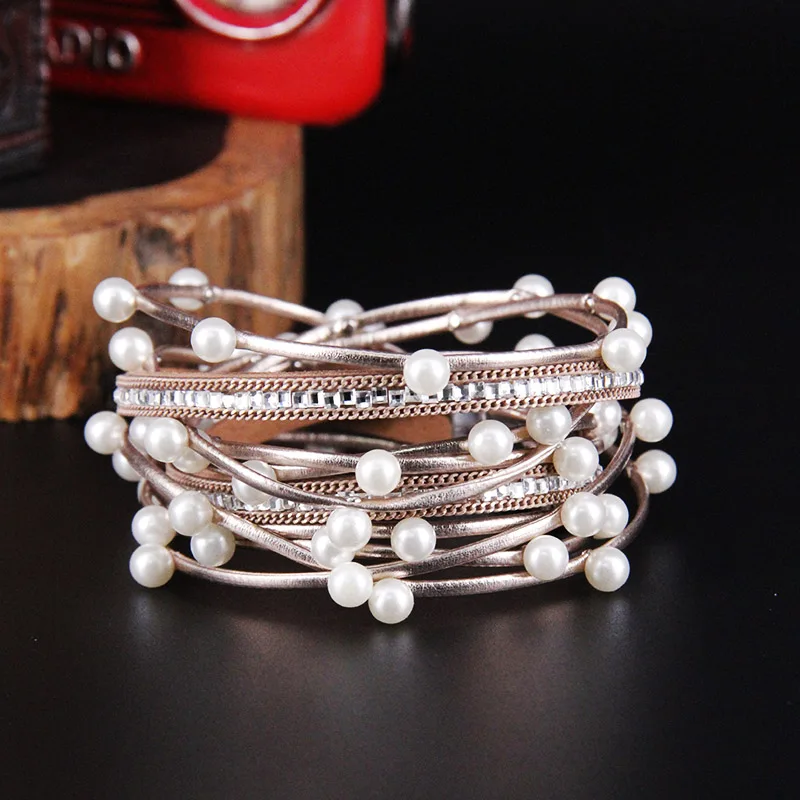 ZG Multilayer Leather Bracelets for Women Femme Crystal Metal Beads Charm Bohemian Style Bracelet Female Jewelry