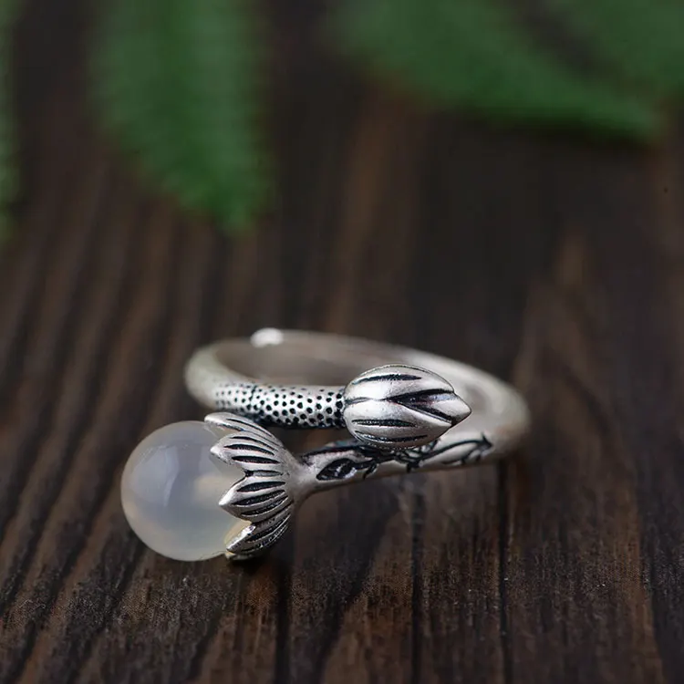white chalcedony FNJ 925 Серебряное кольцо в форме лотоса, красный циркон, зеленый, желтый, белый халцедон,, S925 Стерлинговое тайское серебро, кольца для женщин, ювелирные изделия - Цвет основного камня: white chalcedony