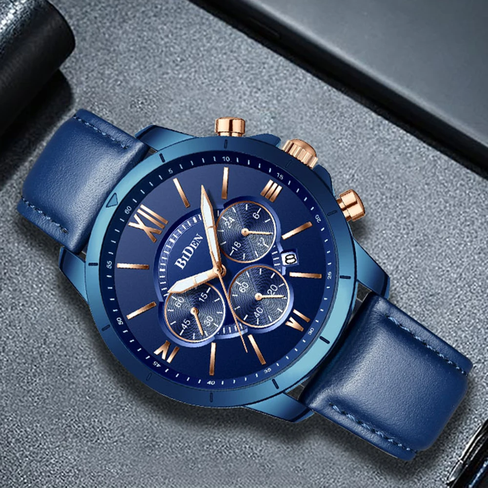 

Fashion Sports Chronograph Watch Men Quartz Clock 3 Dials 6 Hands Blue Leather Strap Multifunction Mens Watches Top Brand Luxury