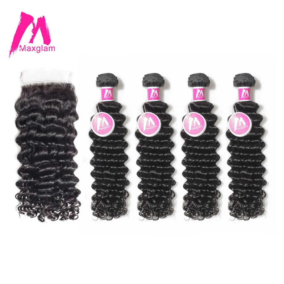 

Maxglam Brazilian Deep Wave Hair Bundles With Closure Remy Hair Extensions 4 Human Hair Bundles with Closure Free Shipping