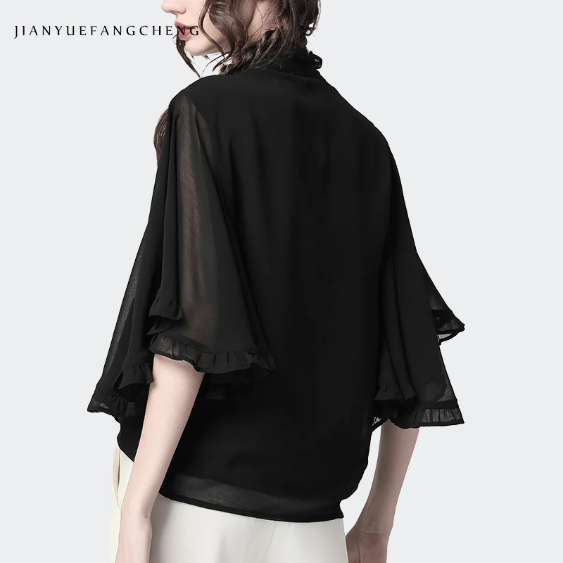 Fashion Bat Wing Sleeved Women Chiffon Black