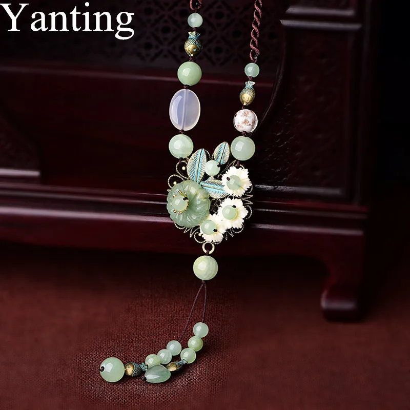 

Yanting Natural Aventurine Flower Pendant Necklace Vintage Sweater Chain Light Green Color Stone Boho Statement Necklace 0128