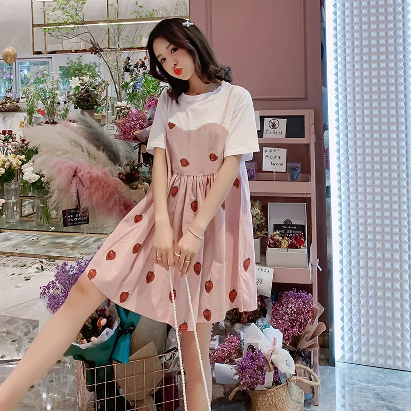 

Plus Size Pregnant Women Summer Strawberry Printing Shirts Long Loose Short Sleeve Cotton Patchwork Fashion Blouses Sweet Dress