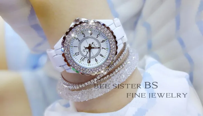 Для женщин Стразы Часы леди платье часы Montre Femme черный, белый цвет Керамика большой циферблат браслет наручные часы со стразами, Лидер продаж