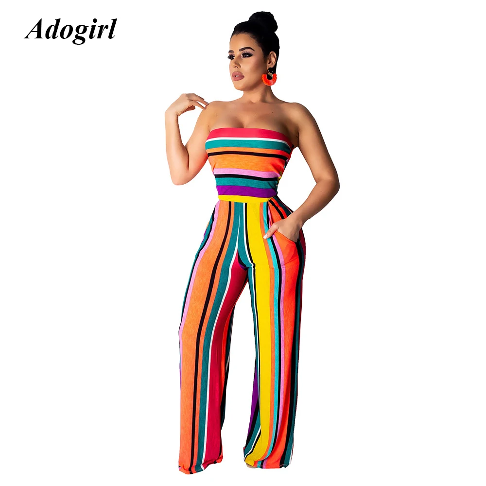 

Adogirl Elegant Colorful Striped Print Jumpsuit Casual Slash Neck Strapless Pocket Long Pants Jumpsuit Sexy Night Club Overalls