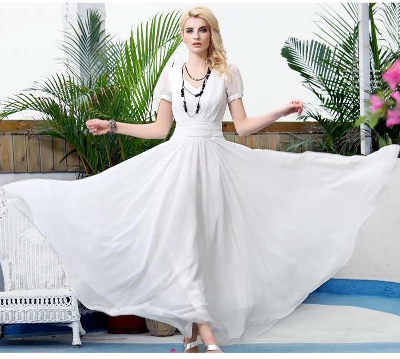 2016 good quality women fashion dress white color chiffon summer long maxi dressin Dresses from