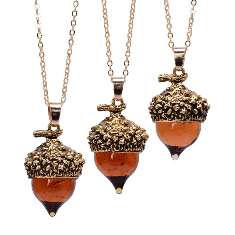 

SEDmart 2016 Women Glaze Stone Necklace Orange Quartz Pine Cone Acorn Design Pendant Drop Crystal Glass Stone Necklace Jewelry