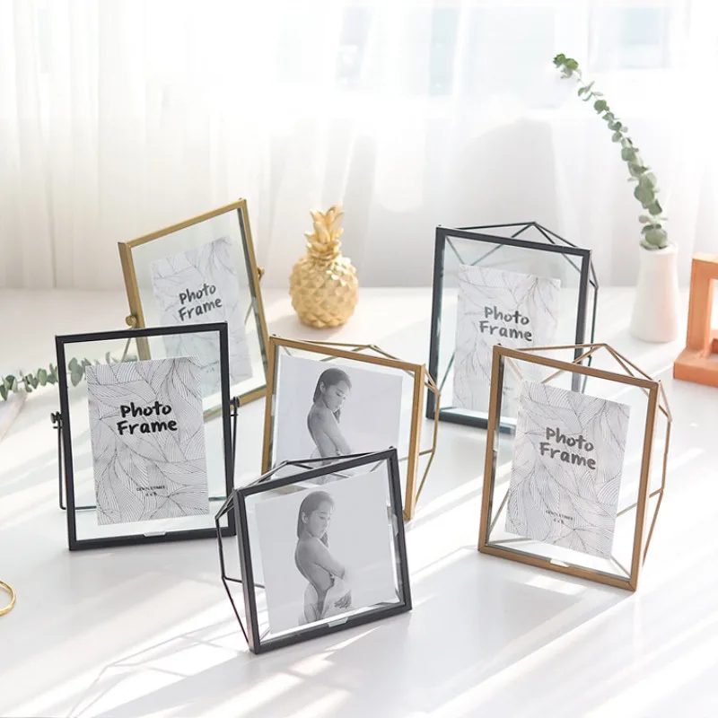 

Simple Modern Metal Photo Frame Set Table Creative Wrought Iron Geometric Glass Picture Frame Combination Photo Frame Wall