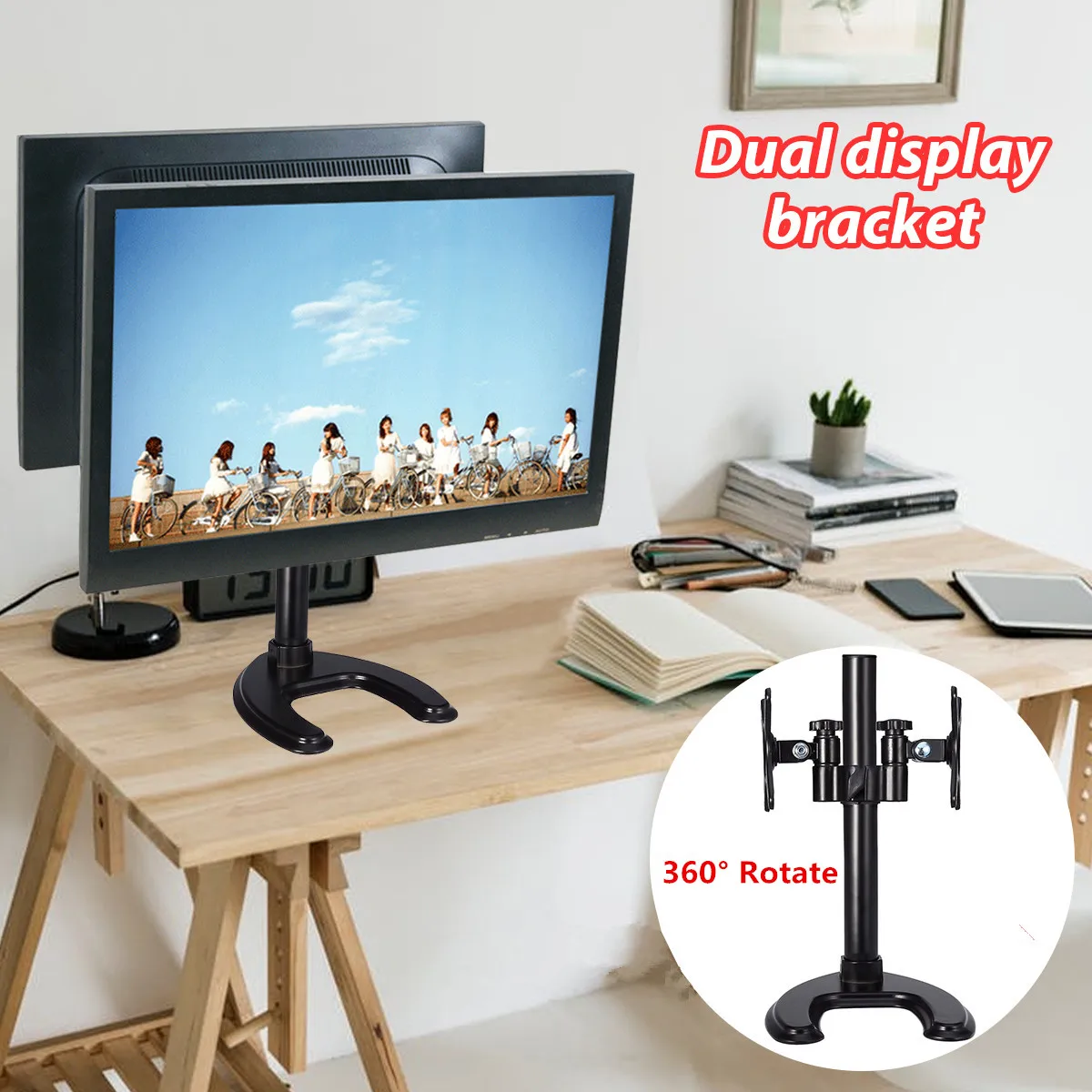 

Multi-functional Desktop Base Dual Display Bracket Dual monitor stand 360 degree Rotatable Holder For 14-27 inches LCD Screen
