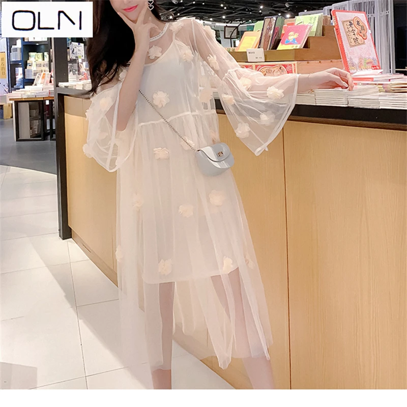 

dress OLN Korean vestidos new summer arrival Three-dimensional flower mesh two-piece loose horn sleeve dress wholesale