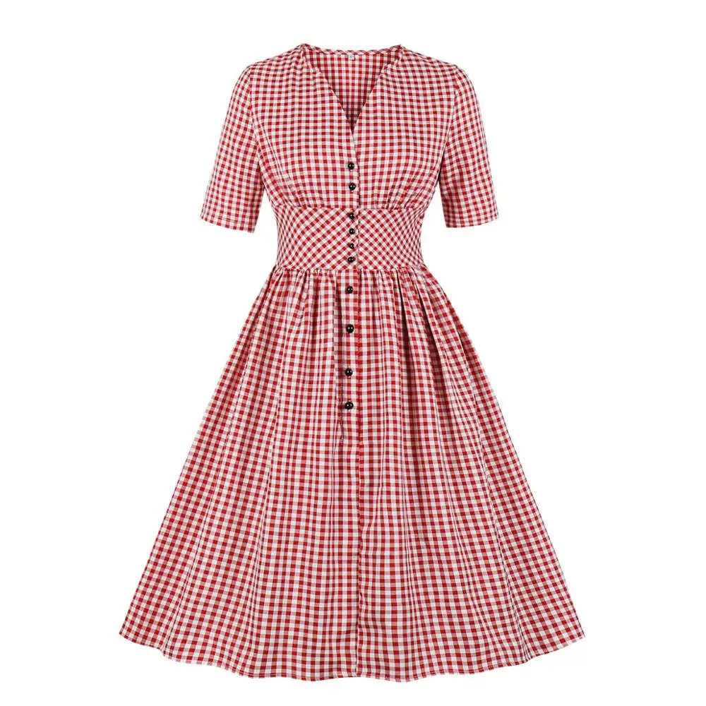 

Ladies Office Vintage Dresses 50s 60s Red Plaid Button Up Shirt Dress V Neck Short Sleeves High Waist Woman Dress Knee Length