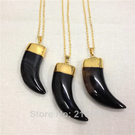 

H-QN106 Black Agat Onyx Horn Tusk Pendant Necklace Gold Color