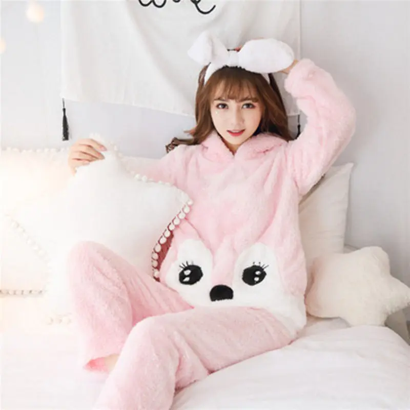 thumbnail image 1 of Conjunto de Pijama de franela gruesa para mujer, ropa de dormir de dos piezas con capucha de oso encantador, camisón largo lindo, Invierno, 1 of 5