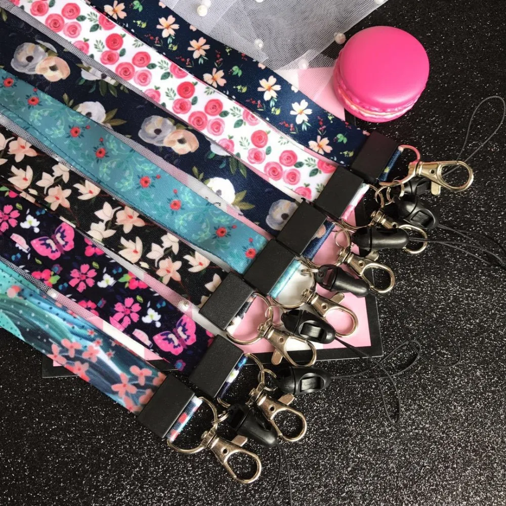 

10Pcs/lot Rose Flower Neck Strap Lanyards for keys ID Card Gym Mobile Phone Straps USB badge holder DIY Hang Rope Pansy Lanyard