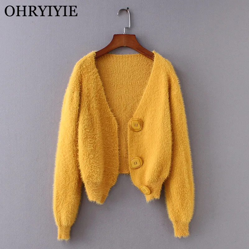 

OHRYIYIE Yellow Sweet Mori Girl Style Women Cardigan Sweater 2019 Autumn Winter Solid Color Knit Sweaters Female Short Coat Tops
