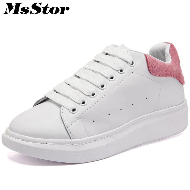

MsStor Round Toe Increased Women Shoes Fashion Lace Up Solid Casual Women White Flat Shoes 2018 Spring Women Flats Brand Shoes