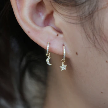 100% 925 sterling silver dainty moon star earring cute tiny cz moon star charm drop earring geometric simple jewelry