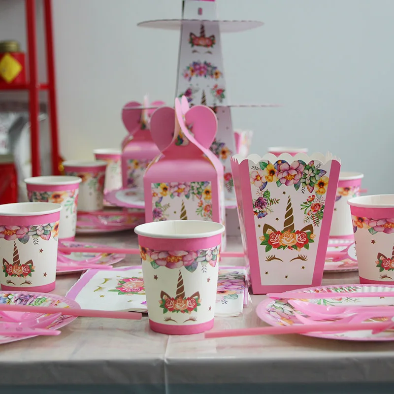Unicornio Единорог вечерние одноразовые наборы посуды дети с днем рождения праздничные украшения из шаров бумажная тарелка торт Топпер поставки