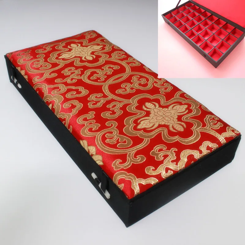 

High End 32 Grid Wooden Display Boxes Silk brocade Pendants Rings Earring Studs Gift Packaging Case Jewelry Storage