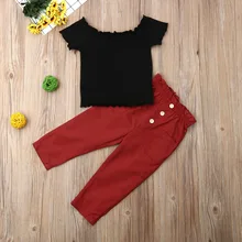 Pudcoco/Одежда для маленьких девочек; однотонные топы с оборками и открытыми плечами; длинные штаны; комплект из 2 предметов; хлопковая одежда