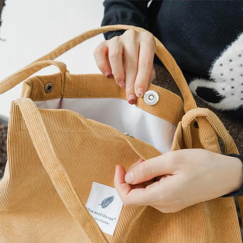 Женские вельветовые холщовые сумки через плечо, женская сумка из эко-ткани, сумка-тоут, многоразовая складная сумка для покупок, сумка с хлопковой подкладкой