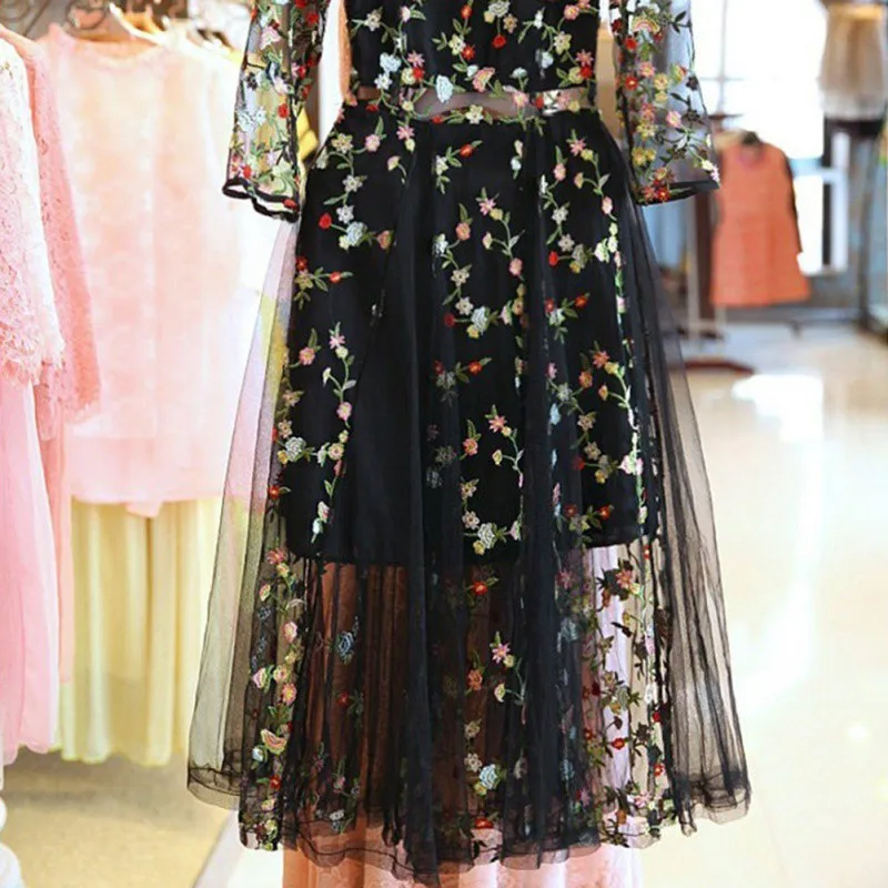 Женское винтажное платье с коротким рукавом, элегантные кружевные сетчатые платья с цветочной вышивкой, повседневные прозрачные вечерние платья Vestidos