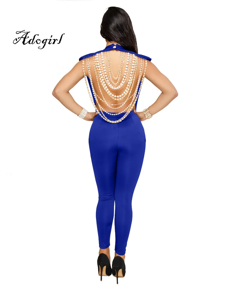 Adogirl 2018 Spring Sexy Back Pearl Chain Women Jumpsuit Blue-3