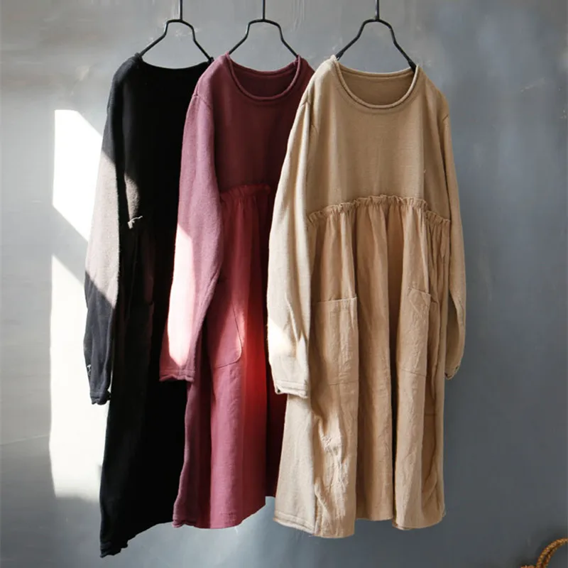 

Johnature New Women Knitting Patchwork Stringy Selvedge Plus Size Dresses 2019 Autumn Winter Pockets 3 Colors Female Dresses