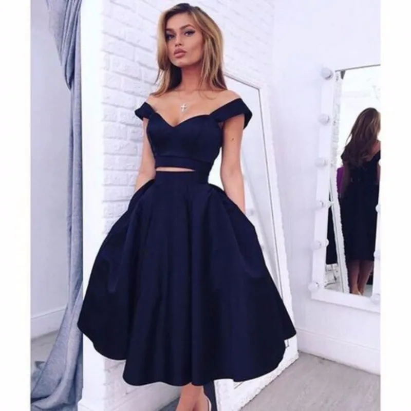 2017-Navy-Blue-Graduation-Dress-Plus-Size-Tea-length-Party-Dresses-Off-The-Shoulder-Sexy-Two